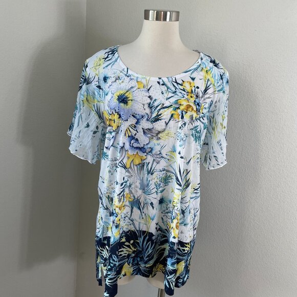 JM Collection Womens Plus 2X Floral Short Flutter Sleeve Blouse Tunic Top Shirt - Picture 1 of 10